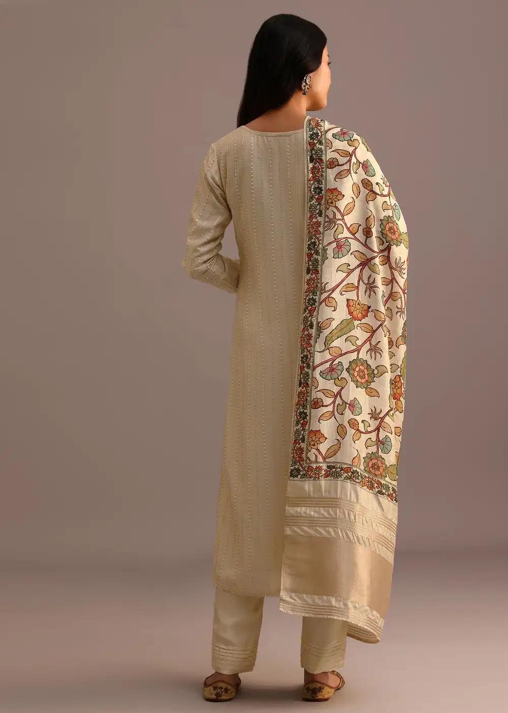 Beige Embroidered Kurti Pant Ensemble With Kalamkari Printed Chanderi Dupatta