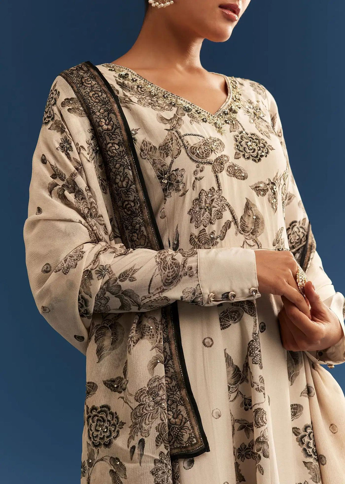 Beige Floral Patterned Crepe Anarkali Dress Ensemble Featuring Chinon Drape
