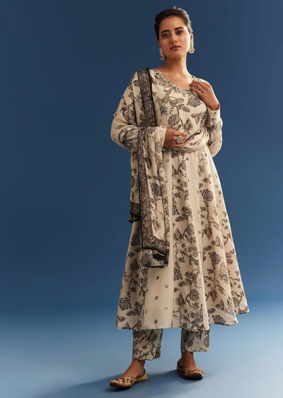 Beige Floral Patterned Crepe Anarkali Dress Ensemble Featuring Chinon Drape