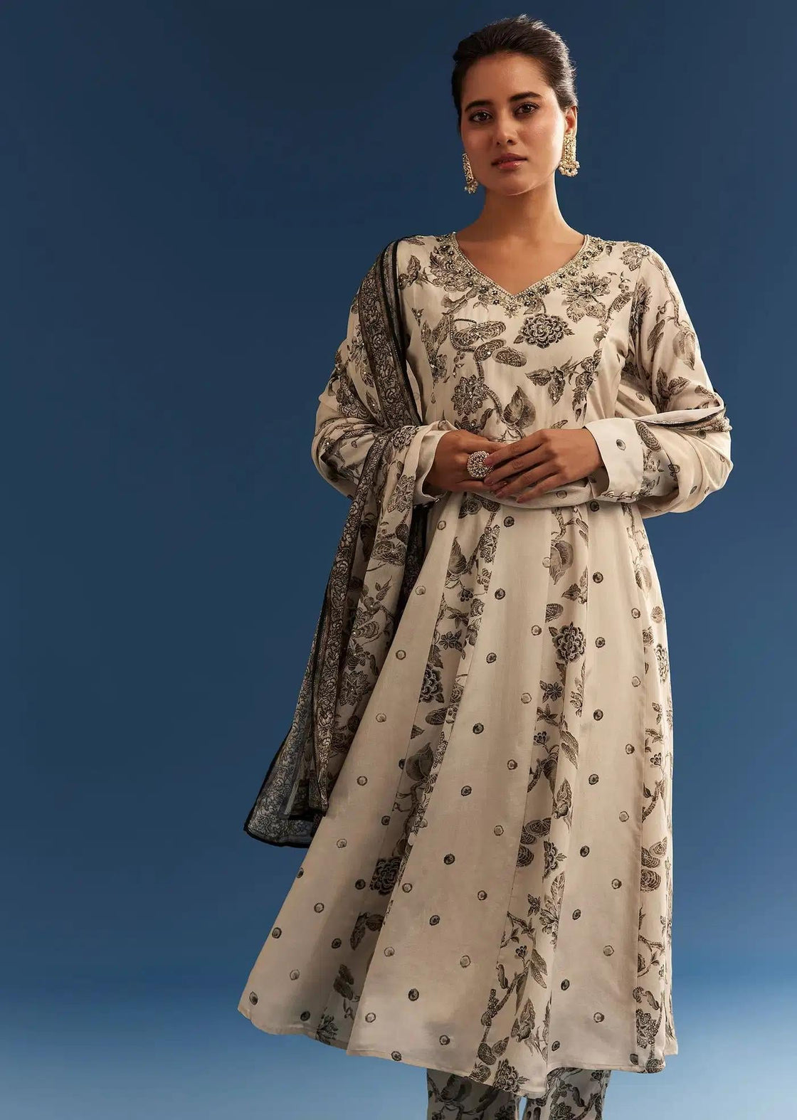 Beige Floral Patterned Crepe Anarkali Dress Ensemble Featuring Chinon Drape