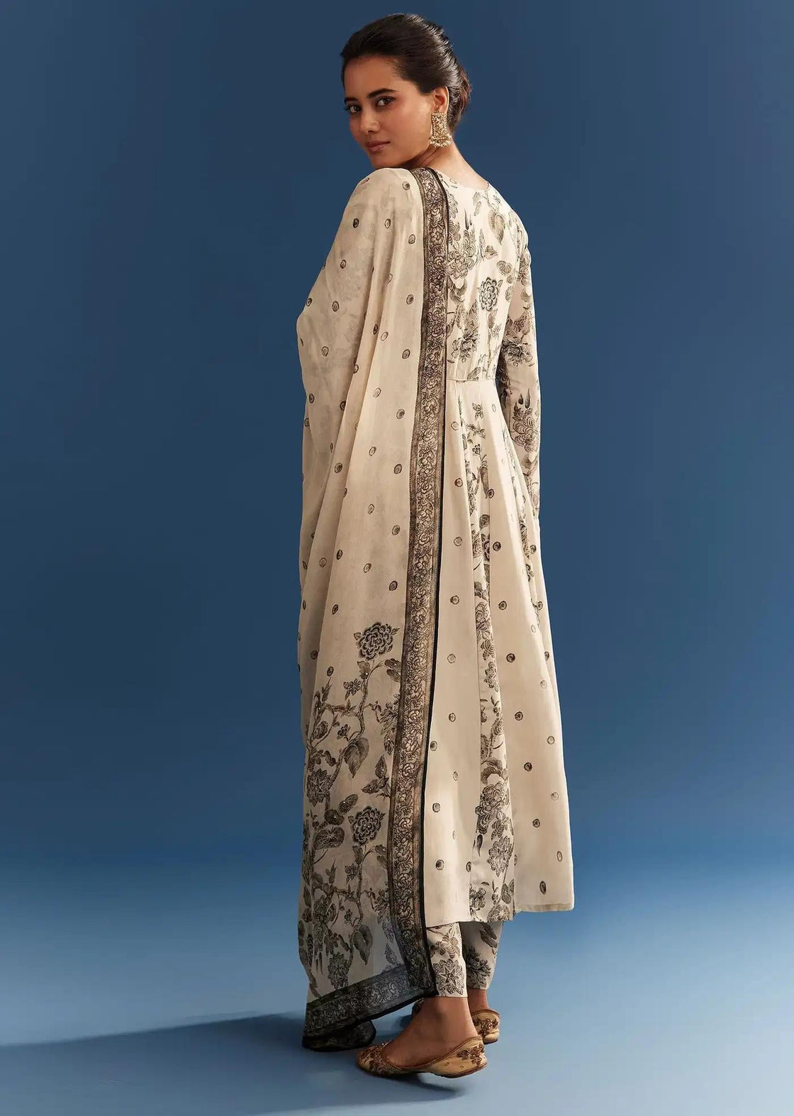 Beige Floral Patterned Crepe Anarkali Dress Ensemble Featuring Chinon Drape