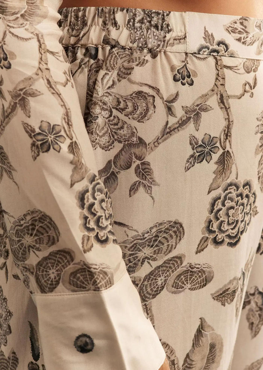 Beige Floral Patterned Crepe Anarkali Dress Ensemble Featuring Chinon Drape
