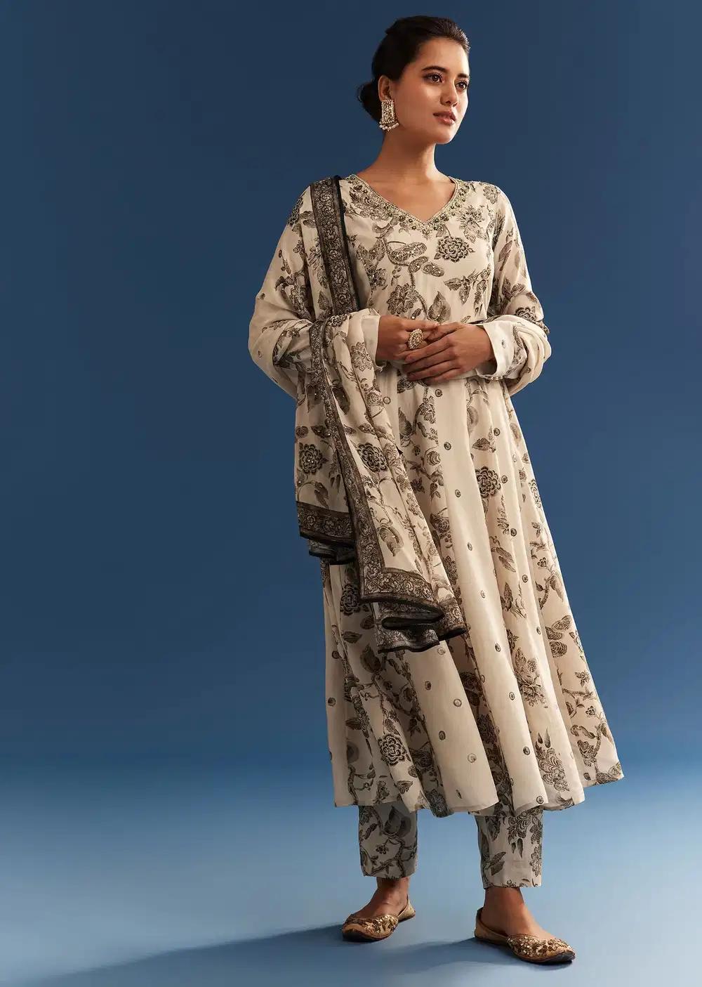 Beige Floral Patterned Crepe Anarkali Dress Ensemble Featuring Chinon Drape