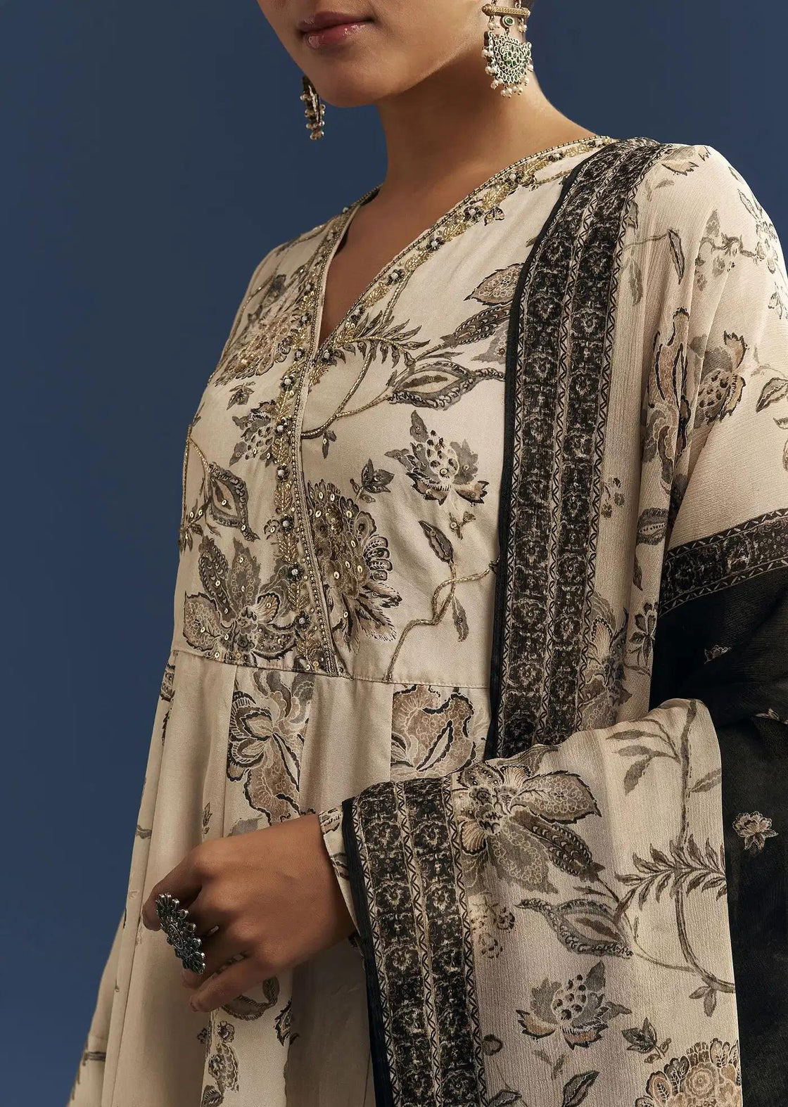 Beige Floral Patterned Crepe Anarkali Dress Ensemble Featuring Handcrafted Neckline