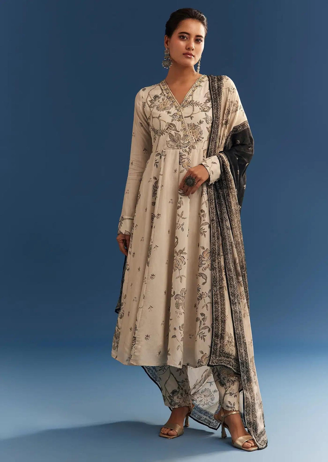 Beige Floral Patterned Crepe Anarkali Dress Ensemble Featuring Handcrafted Neckline
