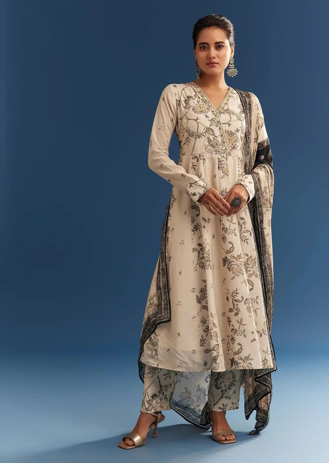 Beige Floral Patterned Crepe Anarkali Dress Ensemble Featuring Handcrafted Neckline