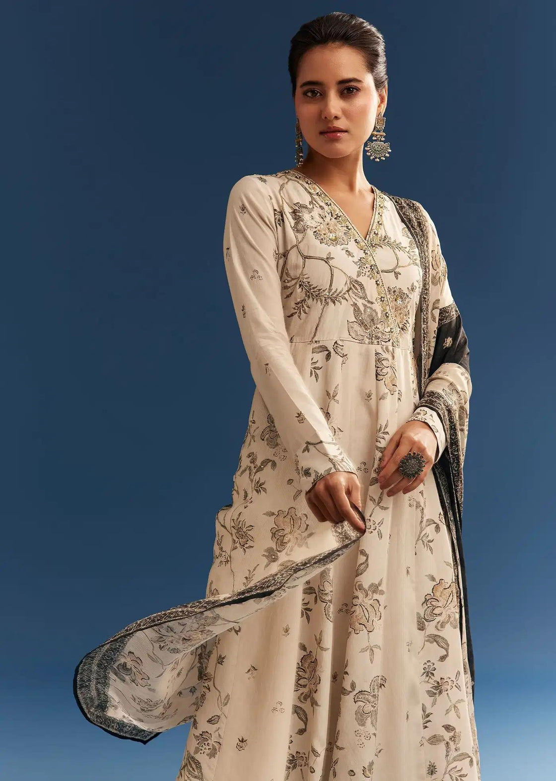 Beige Floral Patterned Crepe Anarkali Dress Ensemble Featuring Handcrafted Neckline