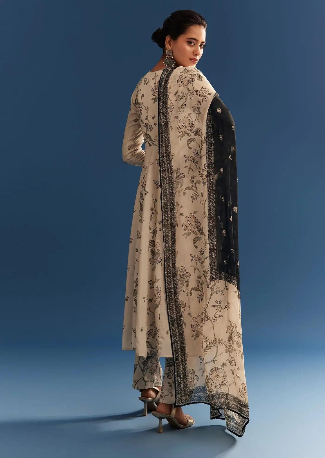 Beige Floral Patterned Crepe Anarkali Dress Ensemble Featuring Handcrafted Neckline