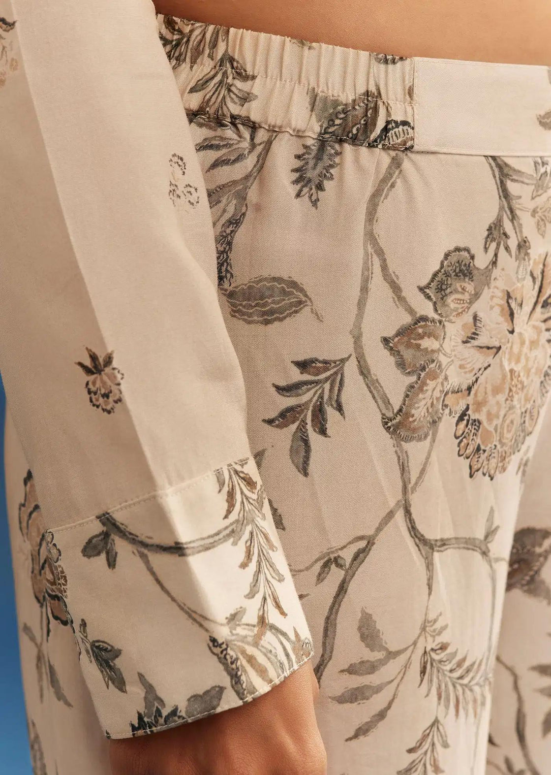 Beige Floral Patterned Crepe Anarkali Dress Ensemble Featuring Handcrafted Neckline