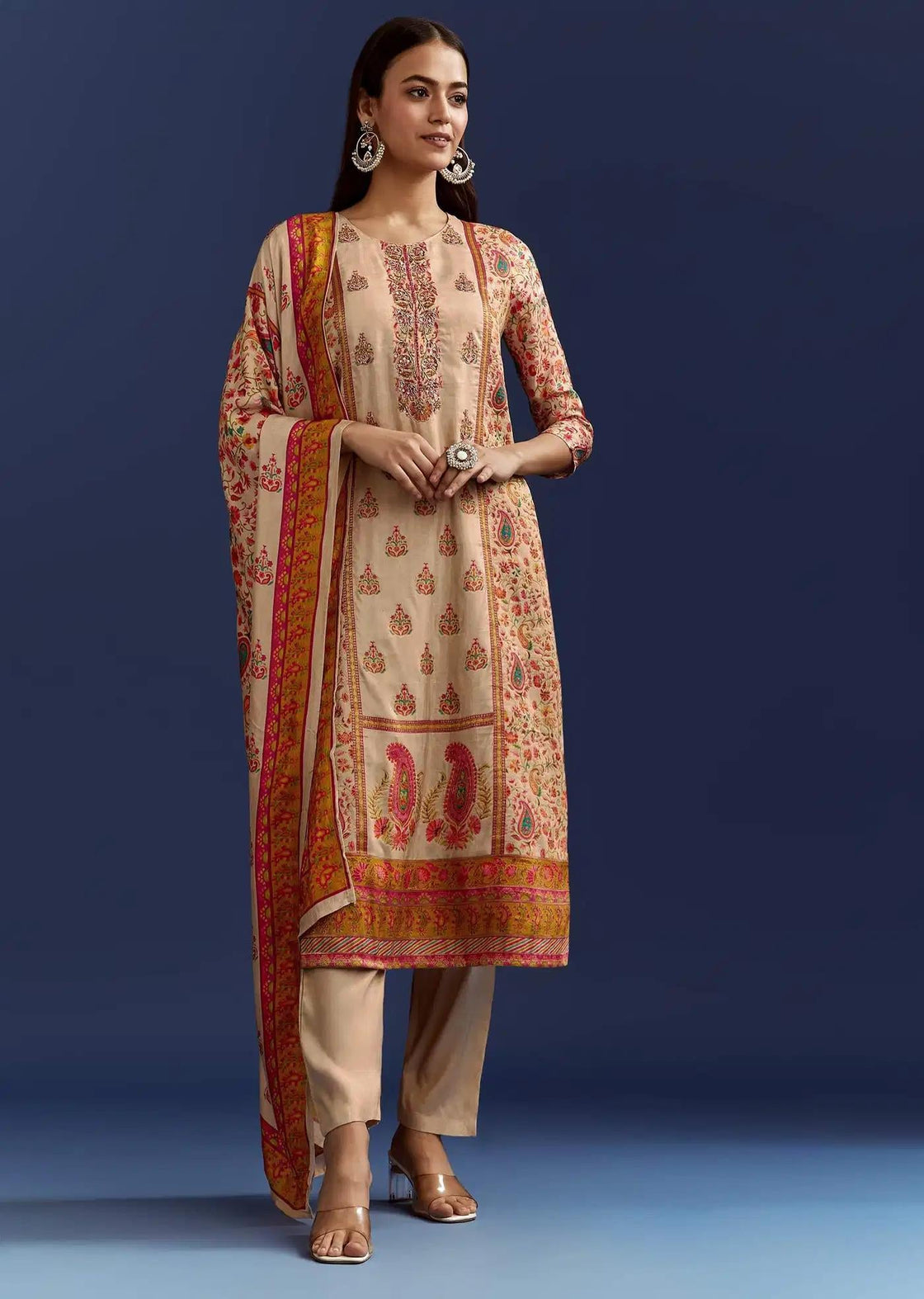 Beige Floral Patterned Tunic Drape Featuring Cut Dana Zardosi Detailing