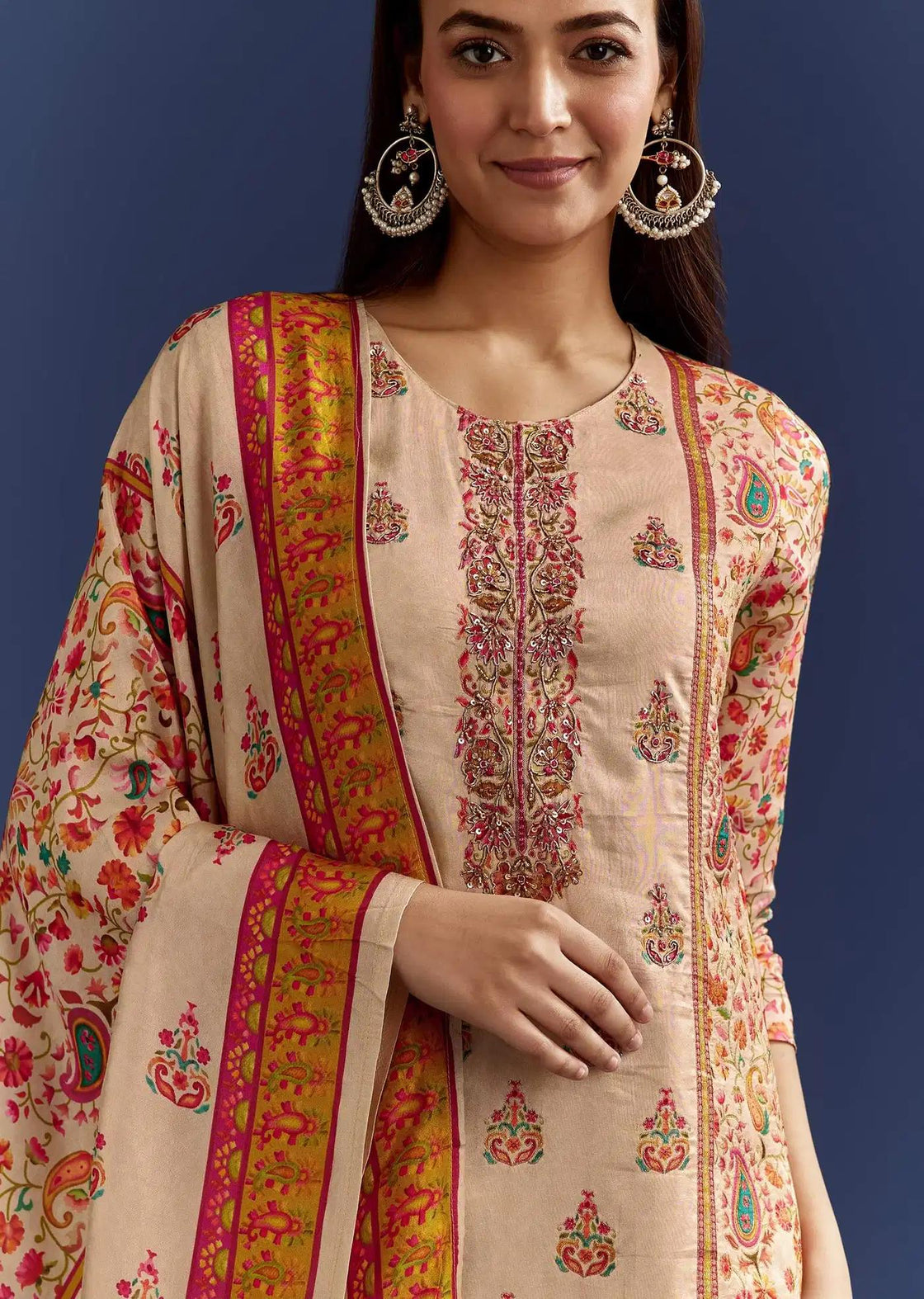 Beige Floral Patterned Tunic Drape Featuring Cut Dana Zardosi Detailing