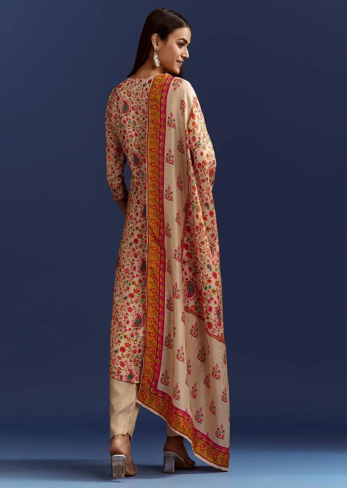 Beige Floral Patterned Tunic Drape Featuring Cut Dana Zardosi Detailing
