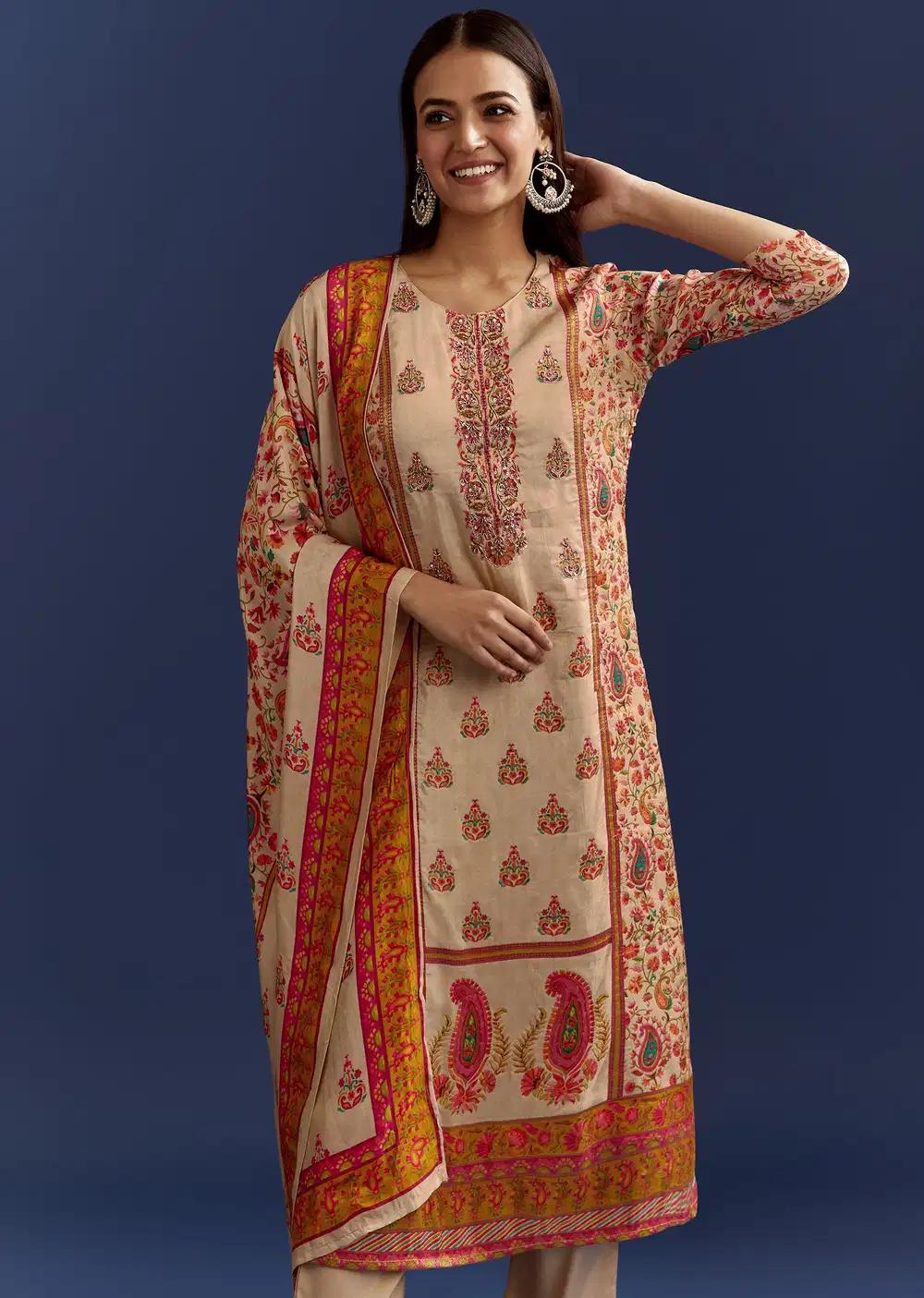 Beige Floral Printed Kurta And Dupatta With Cut Dana Zardosi Work Outfit