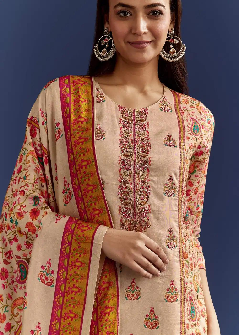Beige Floral Printed Kurta And Dupatta With Cut Dana Zardosi Work Outfit