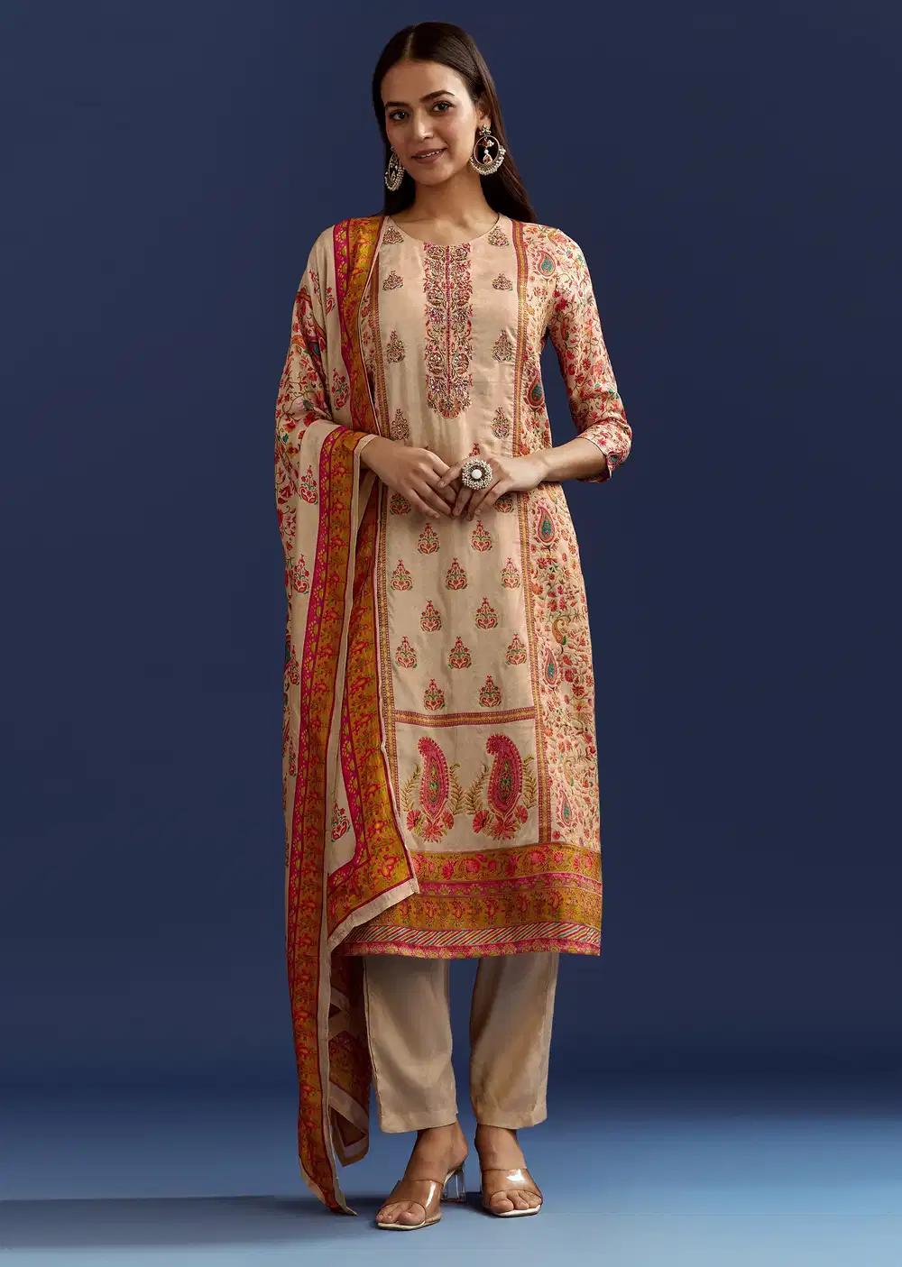 Beige Floral Printed Kurta And Dupatta With Cut Dana Zardosi Work Outfit