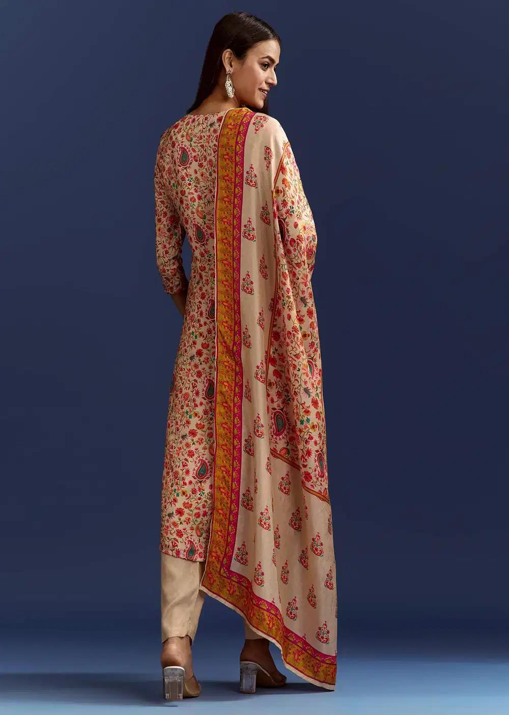 Beige Floral Printed Kurta And Dupatta With Cut Dana Zardosi Work Outfit
