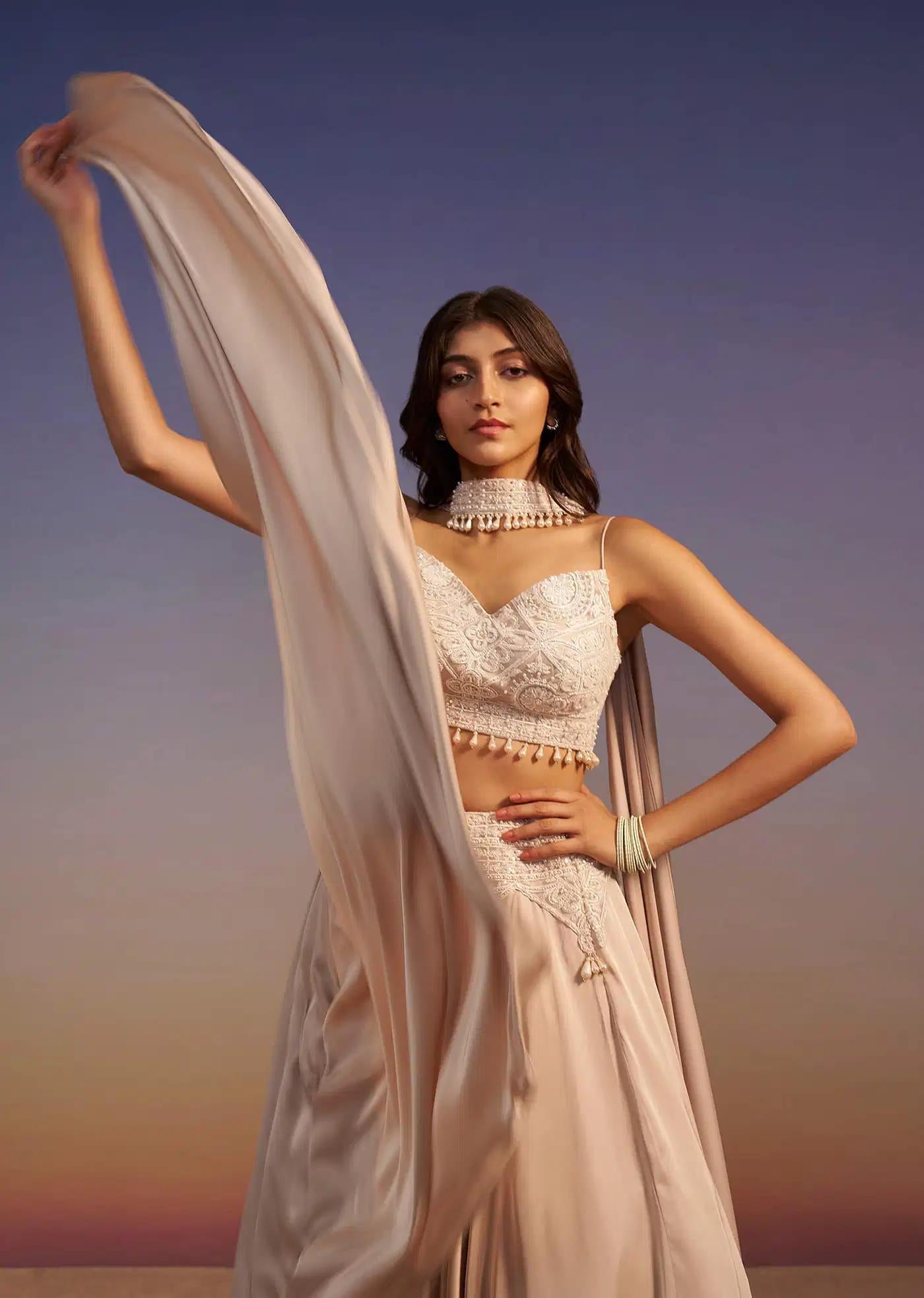 Beige Frill Skirt Handcrafted Blouse Ensemble Featuring Choker Drape