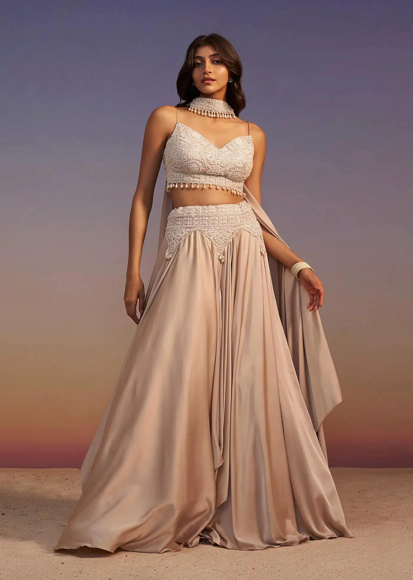 Beige Frill Skirt Handcrafted Blouse Ensemble Featuring Choker Drape