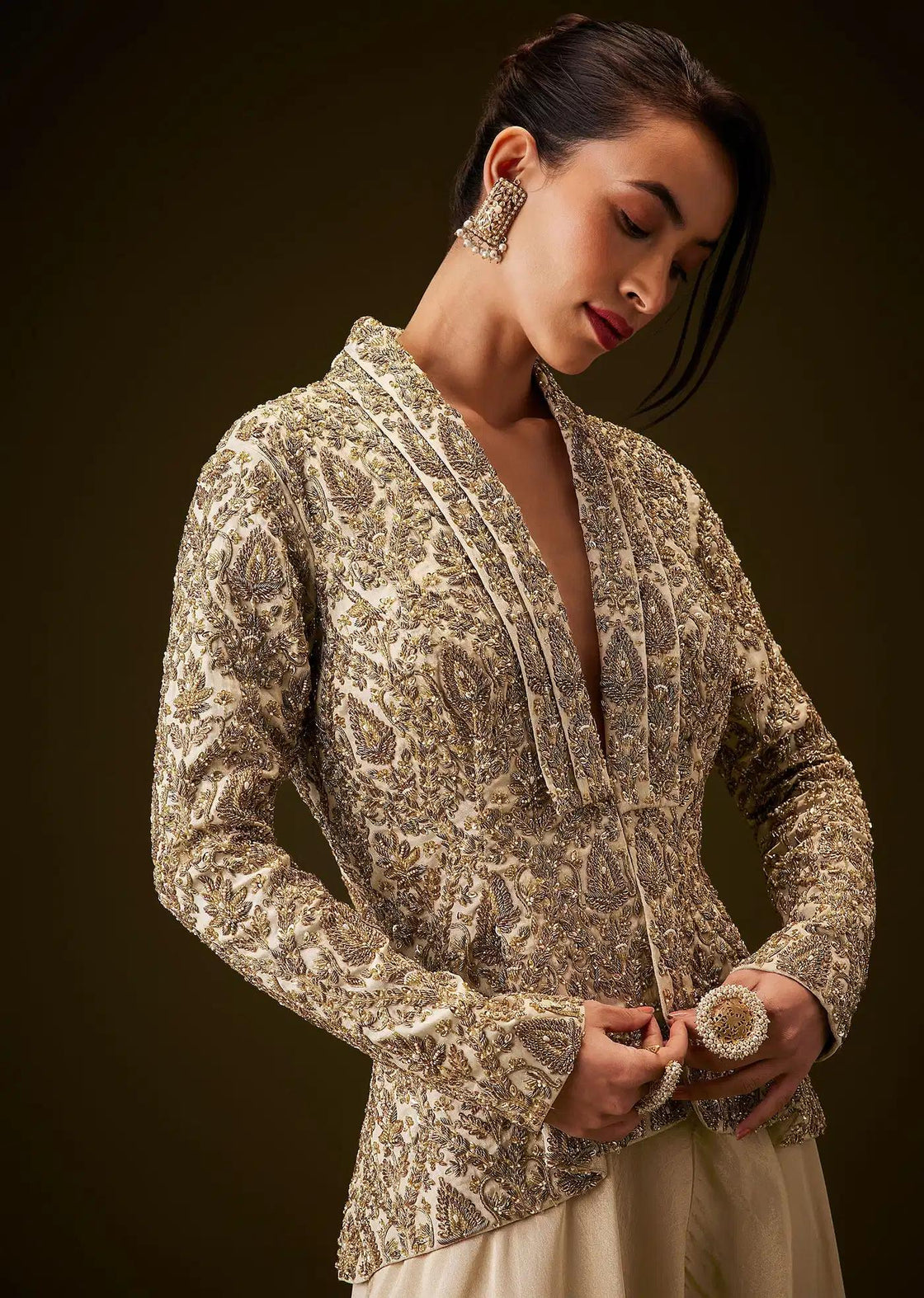 Beige Gold Peplum Jacket Set With Zardozi Embroidered Palazzo