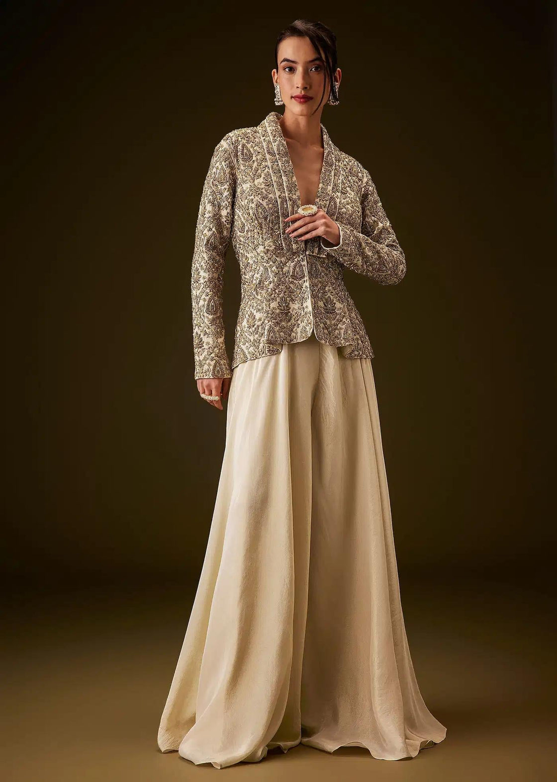Beige Gold Peplum Jacket Set With Zardozi Embroidered Palazzo