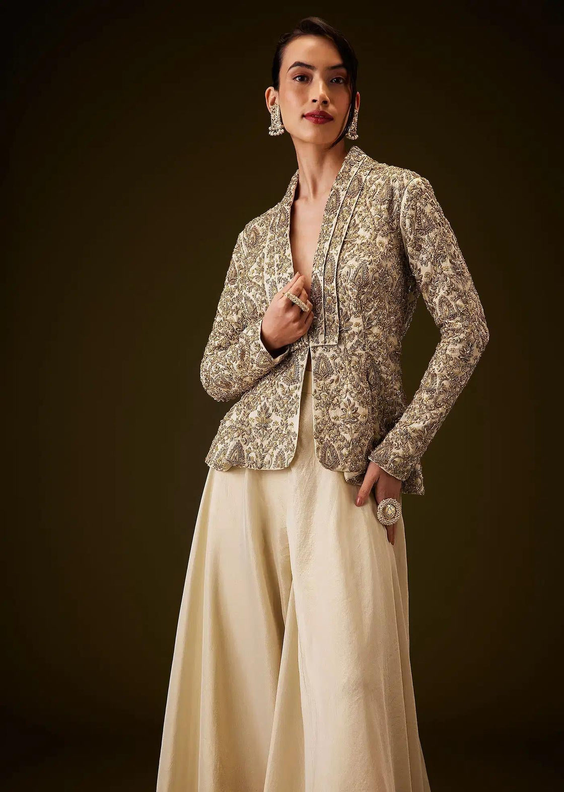 Beige Gold Peplum Jacket Set With Zardozi Embroidered Palazzo