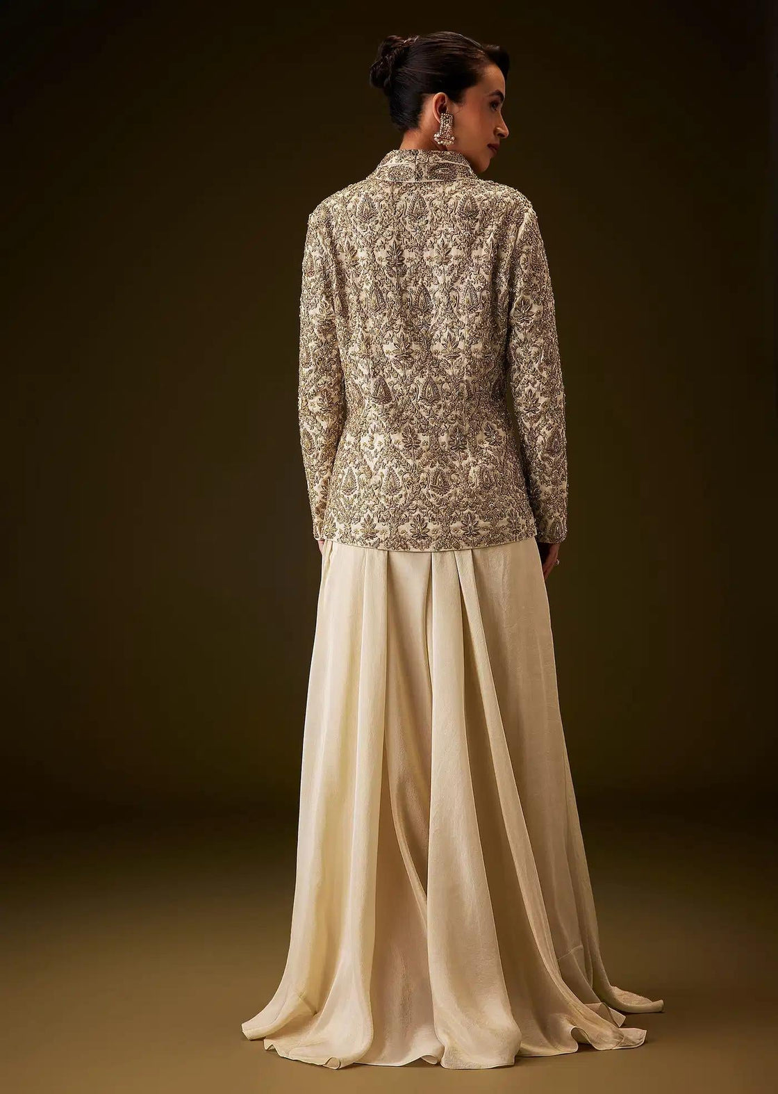 Beige Gold Peplum Jacket Set With Zardozi Embroidered Palazzo