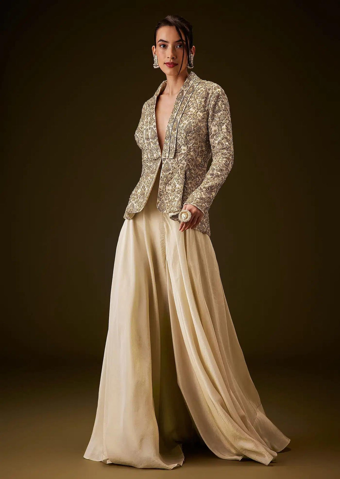 Beige Gold Peplum Jacket Set With Zardozi Embroidered Palazzo