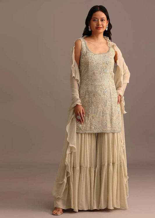 Beige Handcrafted Sharara Trousers Ensemble Featuring Drape