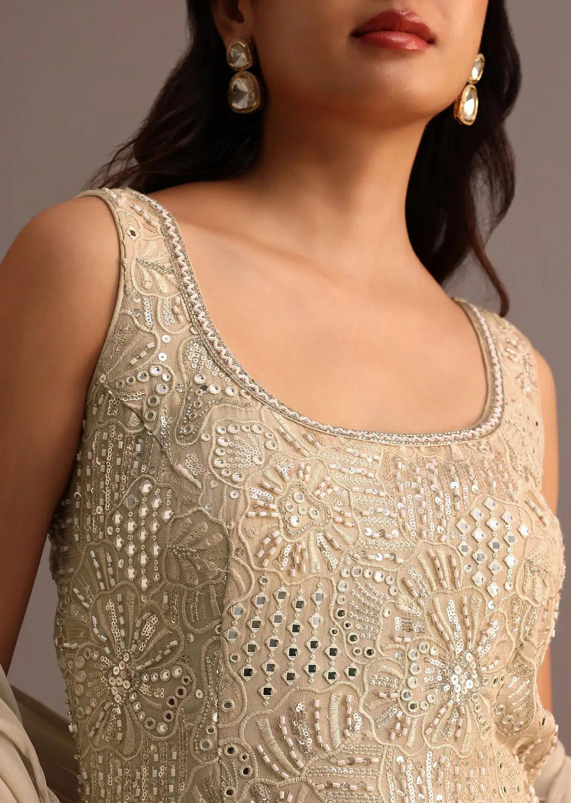 Beige Handcrafted Sharara Trousers Ensemble Featuring Drape