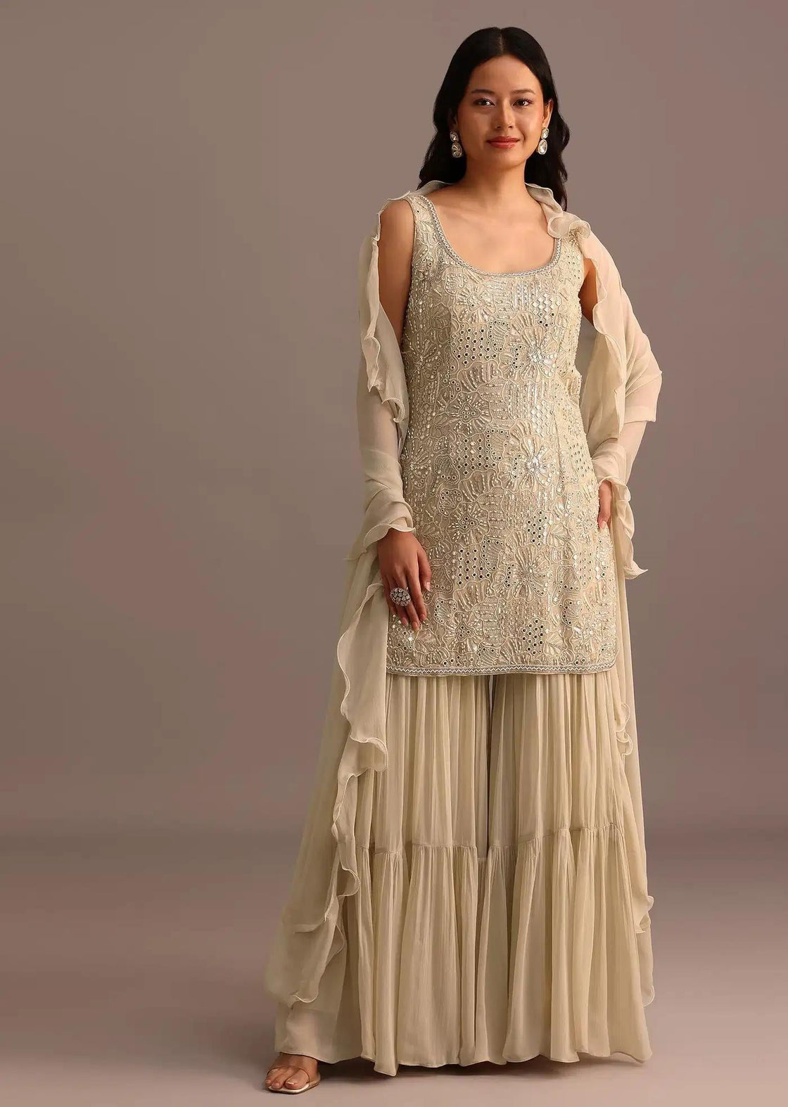 Beige Handcrafted Sharara Trousers Ensemble Featuring Drape