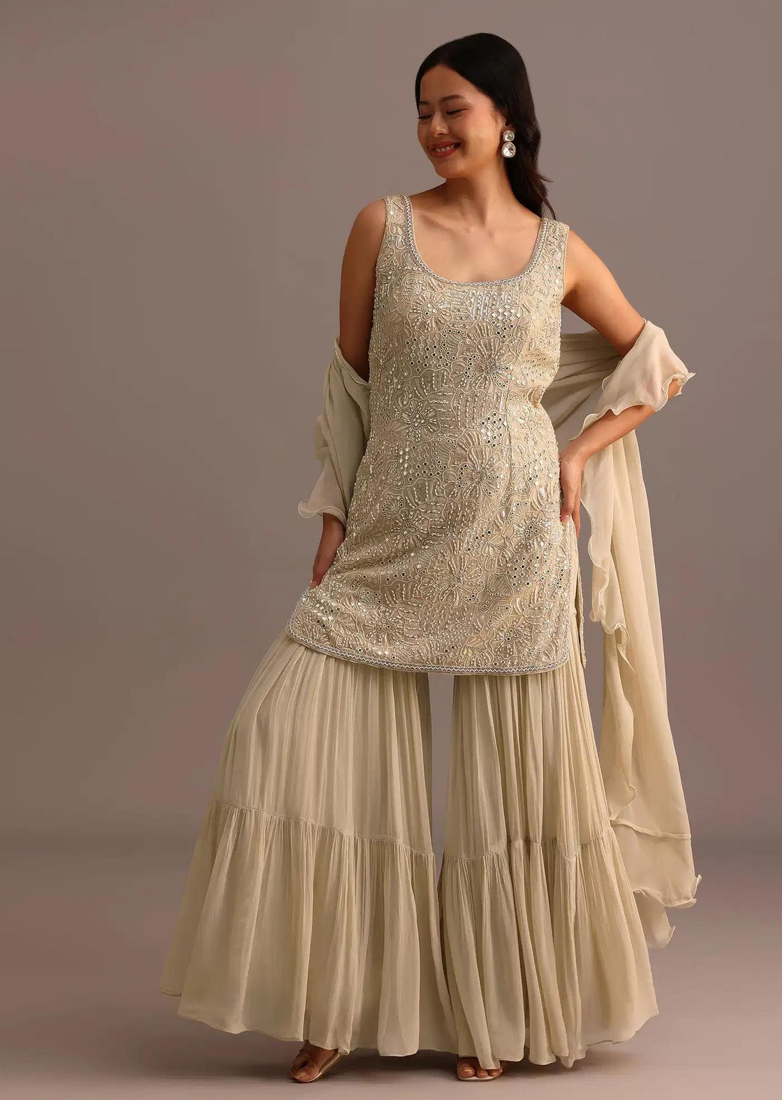Beige Handcrafted Sharara Trousers Ensemble Featuring Drape