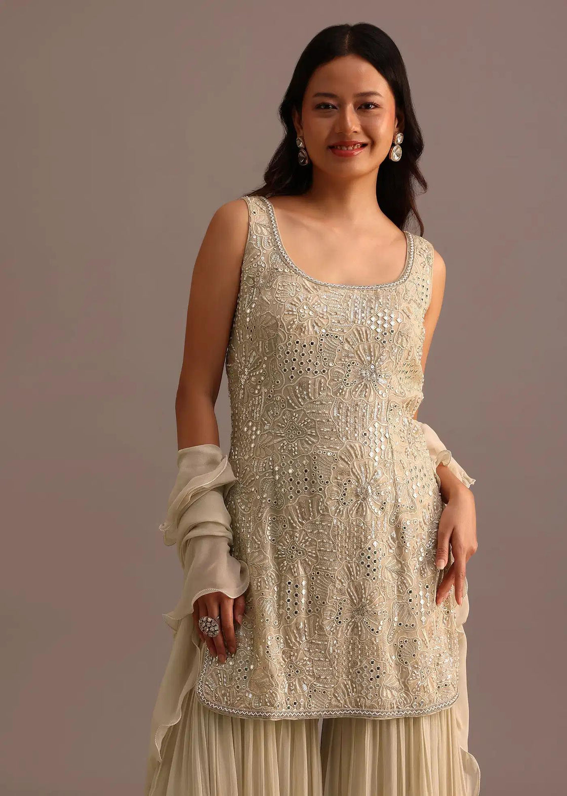 Beige Handcrafted Sharara Trousers Ensemble Featuring Drape