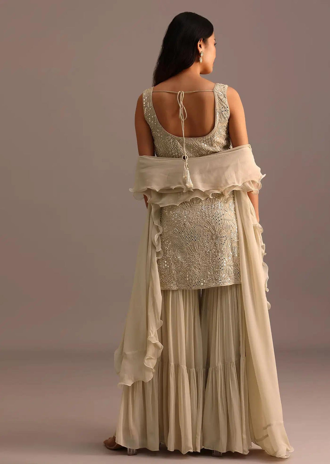 Beige Handcrafted Sharara Trousers Ensemble Featuring Drape