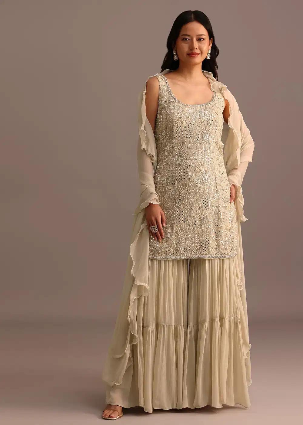 Beige Handcrafted Sharara Trousers Ensemble Featuring Drape