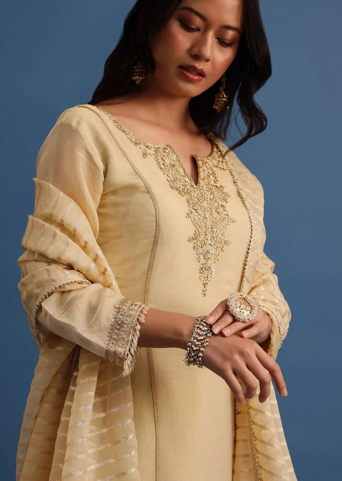 Beige Handcrafted Tunic Palazzo Trousers Featuring Drape