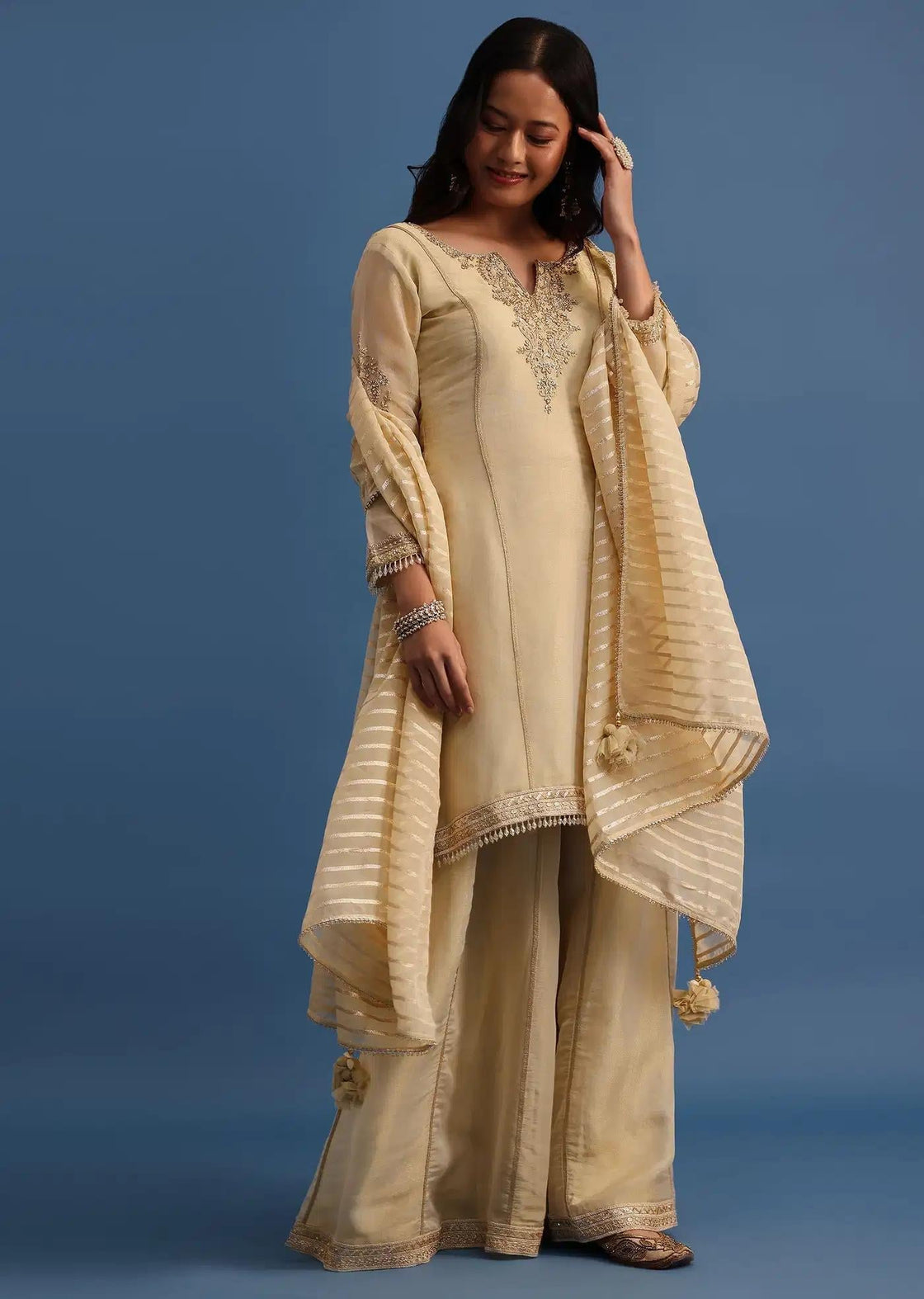 Beige Handcrafted Tunic Palazzo Trousers Featuring Drape