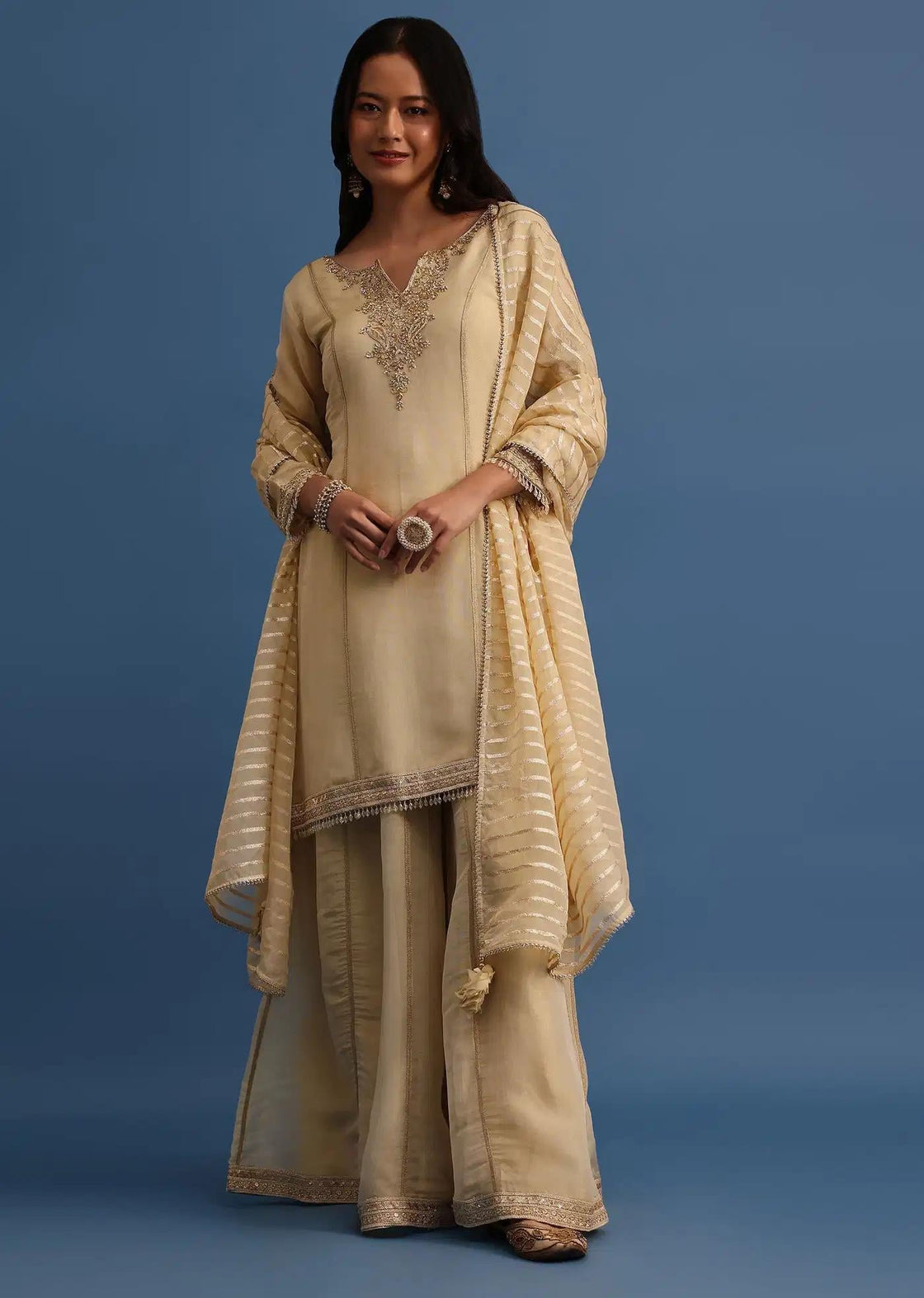 Beige Handcrafted Tunic Palazzo Trousers Featuring Drape