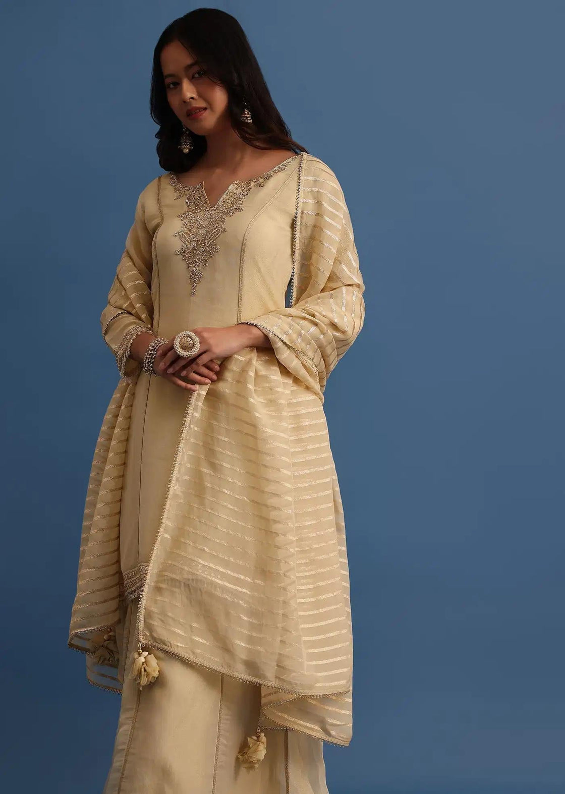 Beige Handcrafted Tunic Palazzo Trousers Featuring Drape