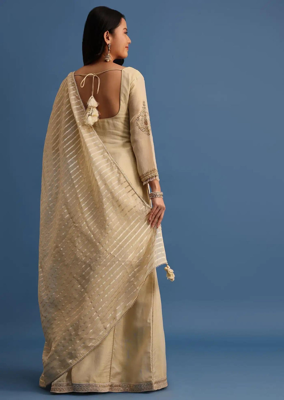 Beige Handcrafted Tunic Palazzo Trousers Featuring Drape