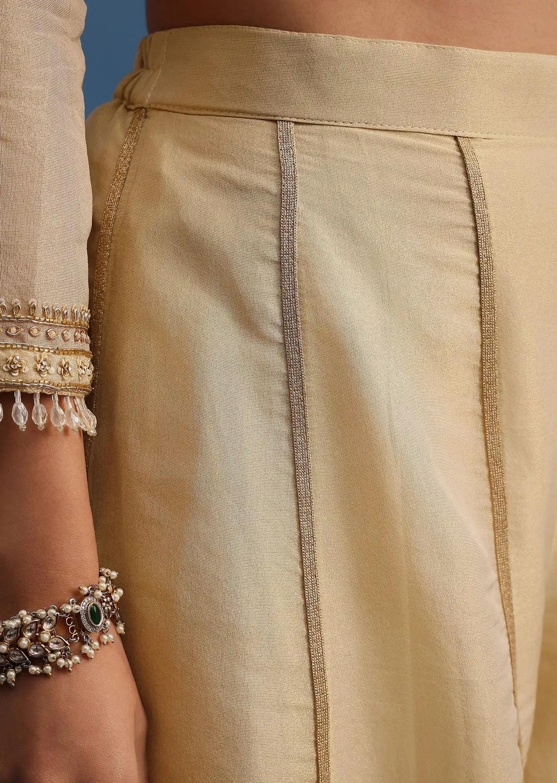 Beige Handcrafted Tunic Palazzo Trousers Featuring Drape