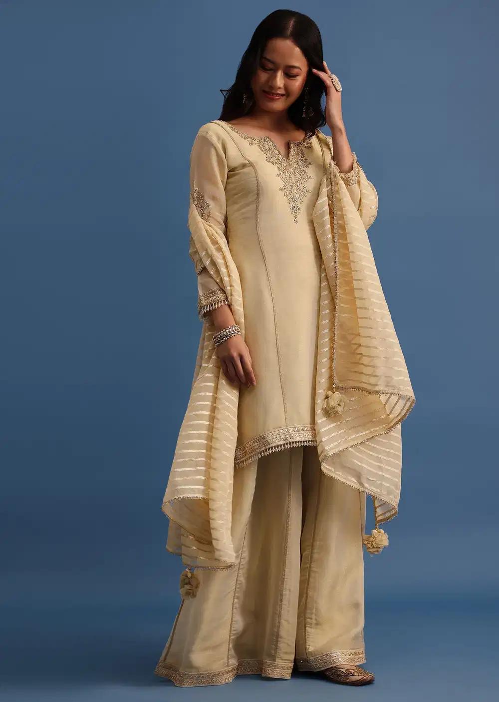 Beige Handcrafted Tunic Palazzo Trousers Featuring Drape