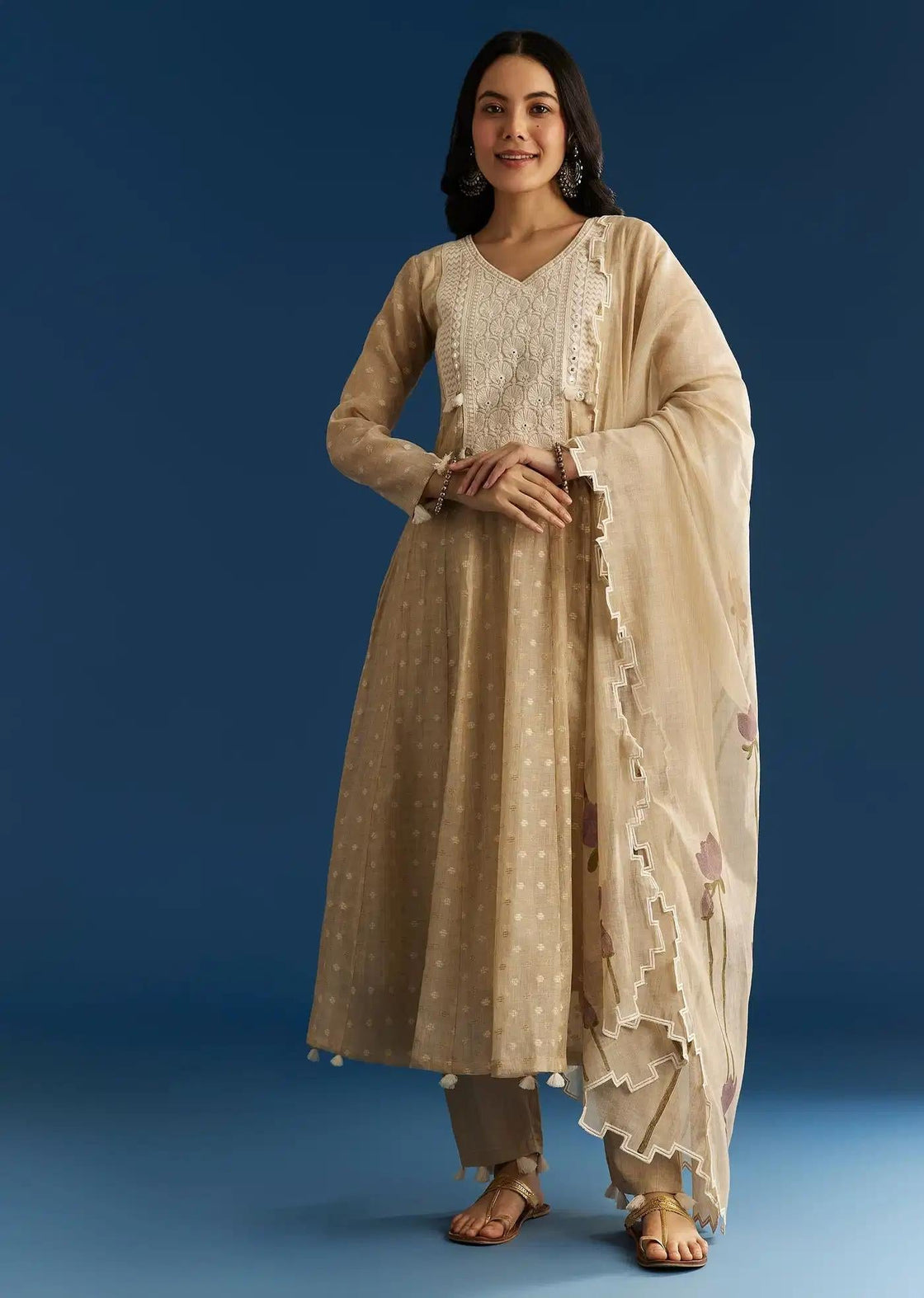 Beige Jamdani Anarkali Dress Ensemble Featuring Thread Detailing Yoke Floral Drape
