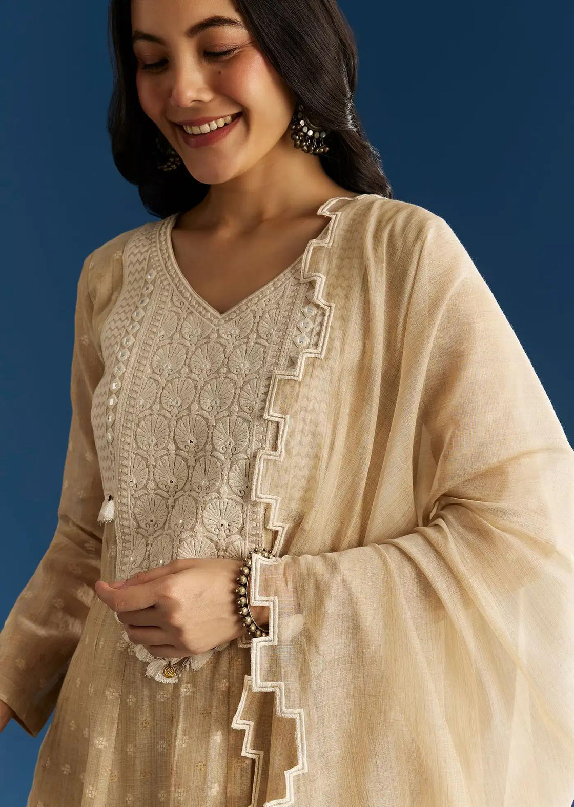 Beige Jamdani Anarkali Dress Ensemble Featuring Thread Detailing Yoke Floral Drape