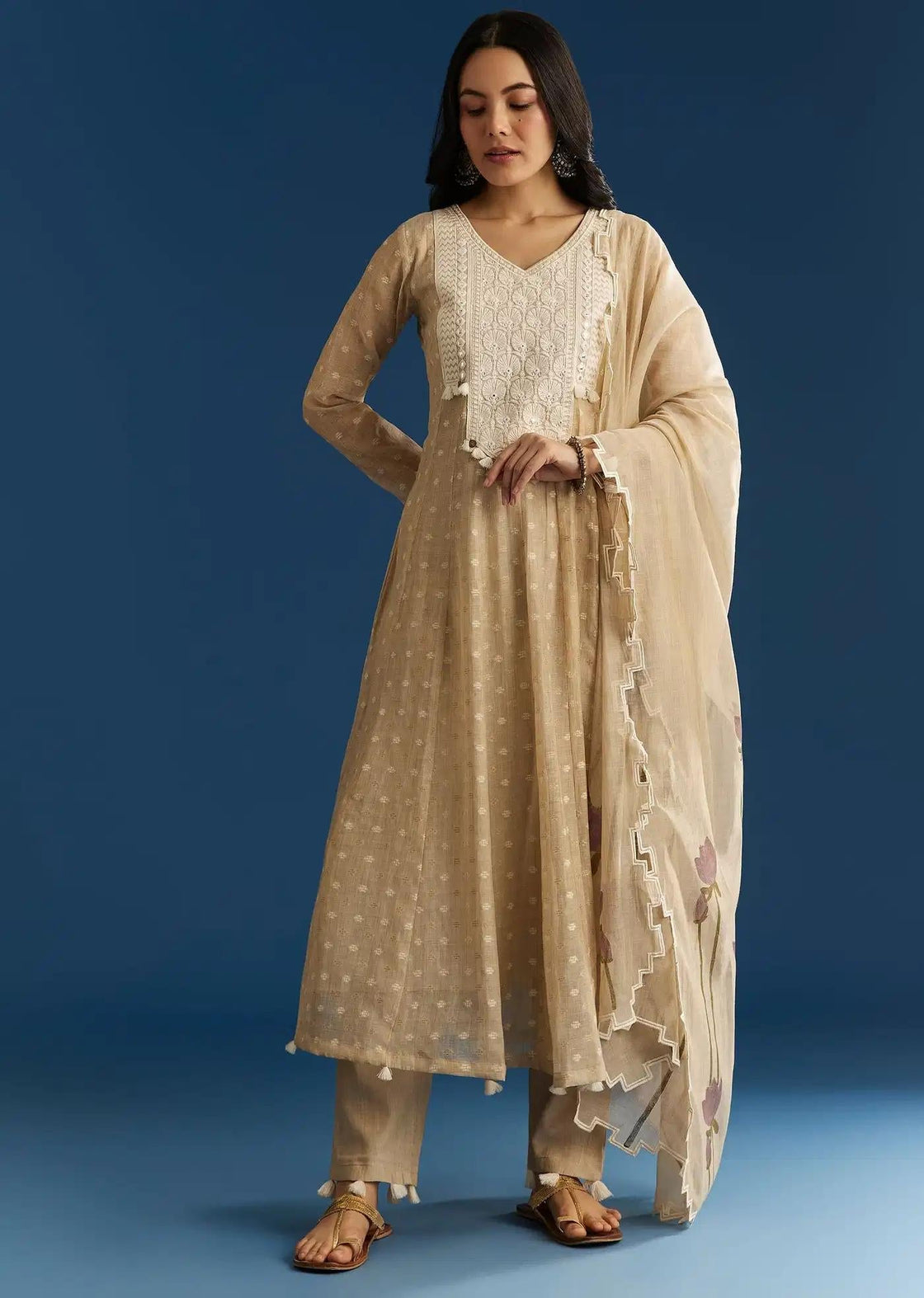 Beige Jamdani Anarkali Dress Ensemble Featuring Thread Detailing Yoke Floral Drape