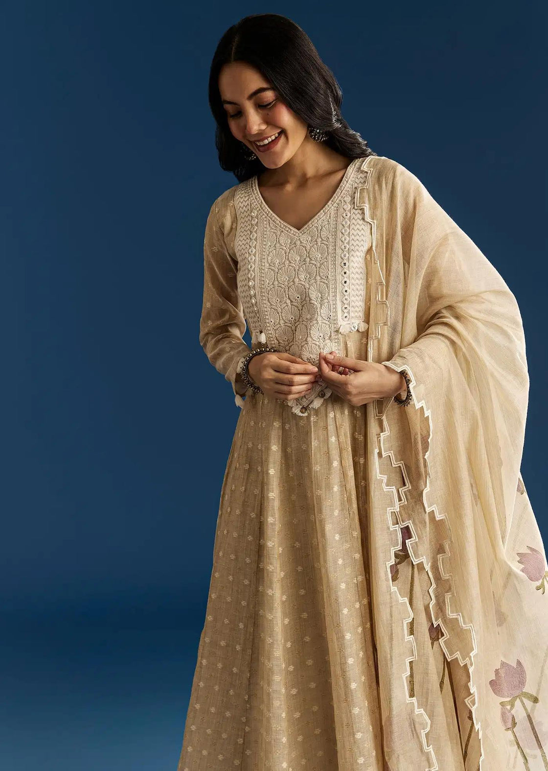Beige Jamdani Anarkali Dress Ensemble Featuring Thread Detailing Yoke Floral Drape