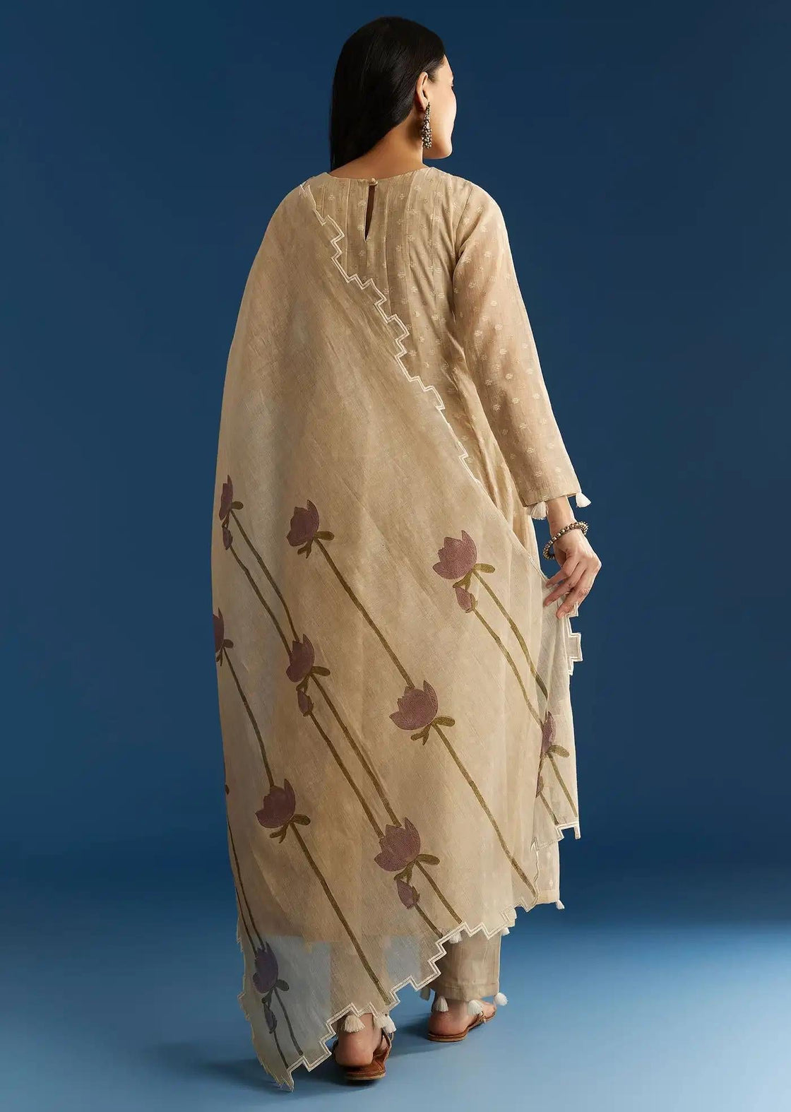 Beige Jamdani Anarkali Dress Ensemble Featuring Thread Detailing Yoke Floral Drape