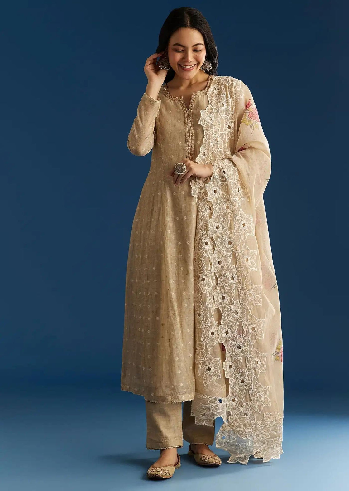 Beige Jamdani Butti Anarkali Dress Featuring Cutwork Drape