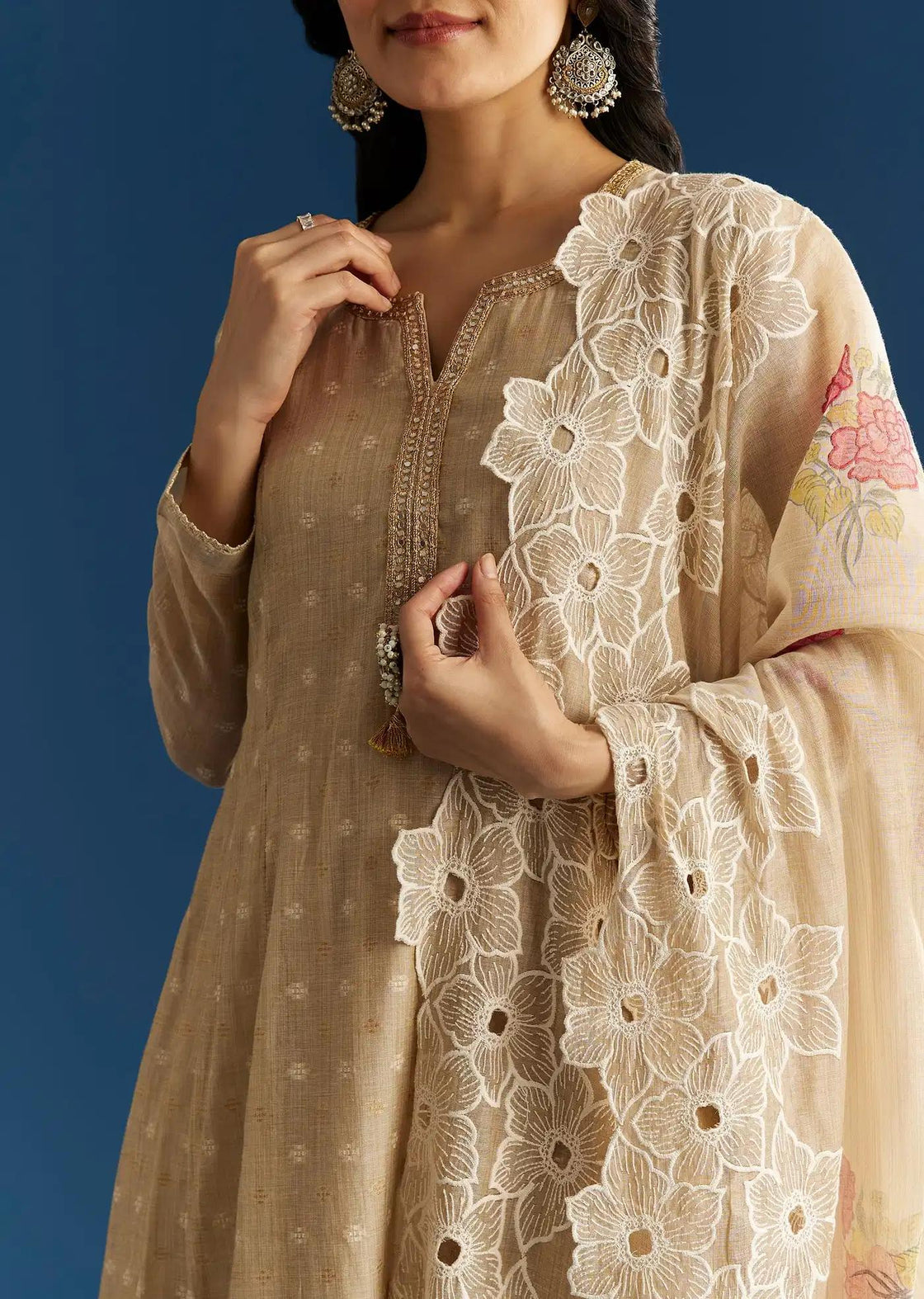 Beige Jamdani Butti Anarkali Dress Featuring Cutwork Drape