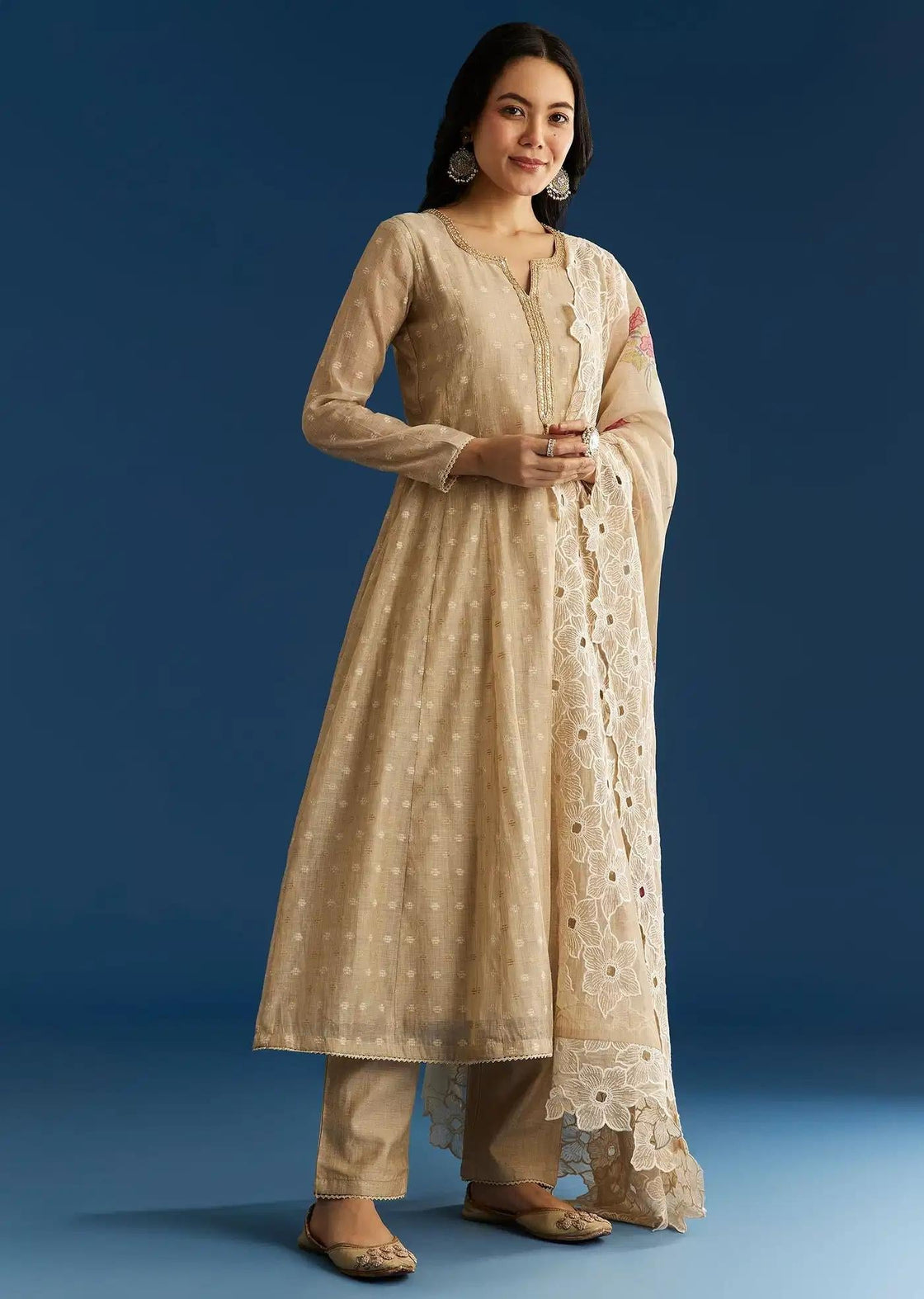 Beige Jamdani Butti Anarkali Dress Featuring Cutwork Drape