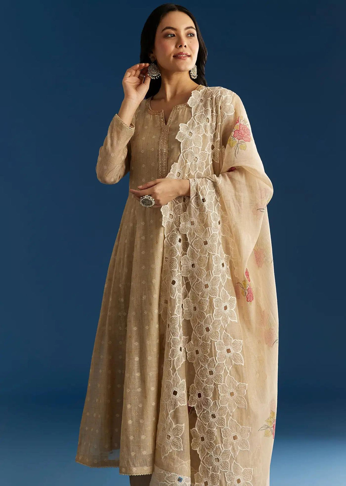 Beige Jamdani Butti Anarkali Dress Featuring Cutwork Drape